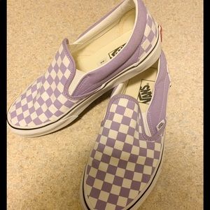 Purple & White checkered slip on Vans